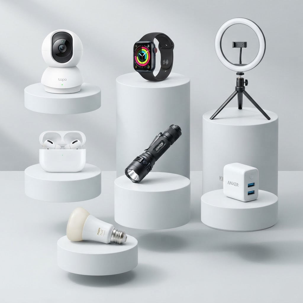 Colección de productos tecnológicos: cámaras WiFi, smartwatch, aro de luz, auriculares y cargadores